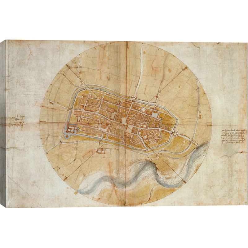 « map of imola, 1502 » par leonardo da vinci-impression d’art graphique sur toile tendue, Papier avec cadre noir, Blanc