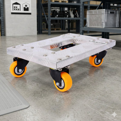 Heavy-Duty Furniture Mover's Dolly And Trolley Cart. Features An 18X12 Inch Aluminum Frame With 3-Inch TPU Professional Casters, Including A Brake Option.