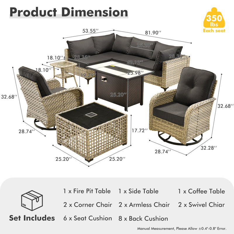 Emroy 6 - Person Outdoor Wicker Sectional Seating Group with Lighted Coffee Table and Swivel Chairs, All Weather Modular Rattan Conversation Set with Cushions