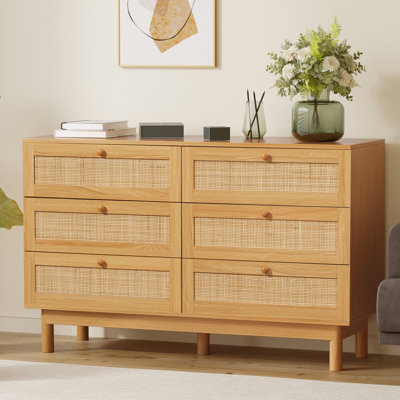 6 Drawer Rattan Dresser For Bedroom, Boho Double Dresser With Wooden Handles For Living Room by Dakota Fields