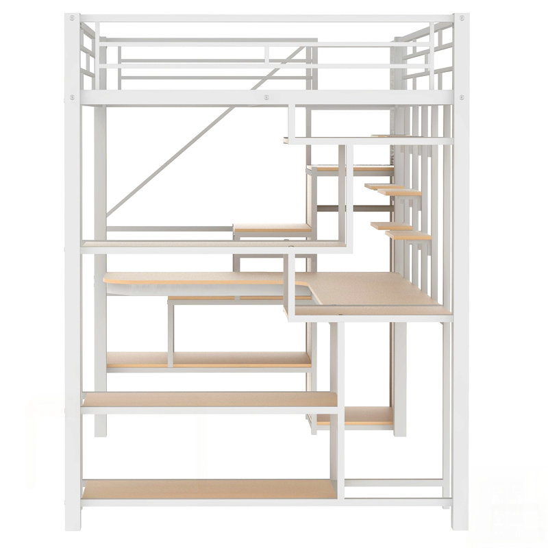 Lit mezzanine en métal avec escalier de rangement et petite armoire, bureau intégré et tablettes de rangement
