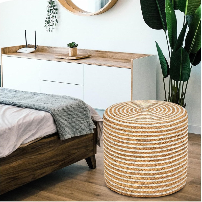 Pouf rond Onaway, Jacinthe d'eau naturelle + corde de coton blanc