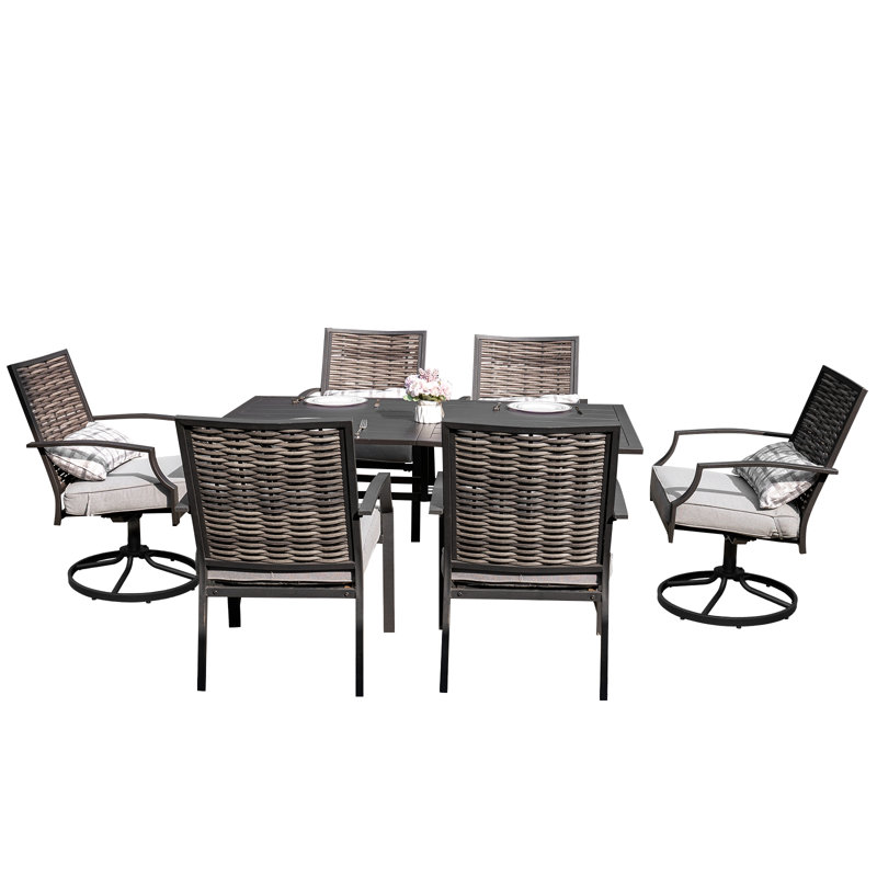 Ensemble repas 7 pièces d'extérieur en acier avec chaises pivotantes et stationnaires - dossier en osier de qualité supérieure et coussins résistants aux intempéries
