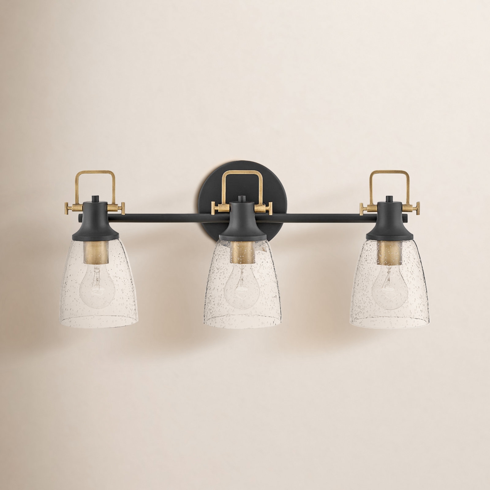 Easton Three-Light Bath Vanity Fixture w/ Clear Seedy Glass Shades, Black/Gold