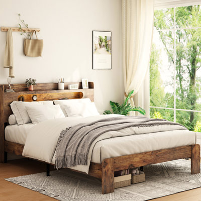 Structure de lit plateforme en bois pour chambre à coucher de taille double avec tête de lit à DEL avec rangement, 2 prises de recharge, performance sans bruit, pas de sommier tapissier, facile à construire, rangement spacieux, brun foncé