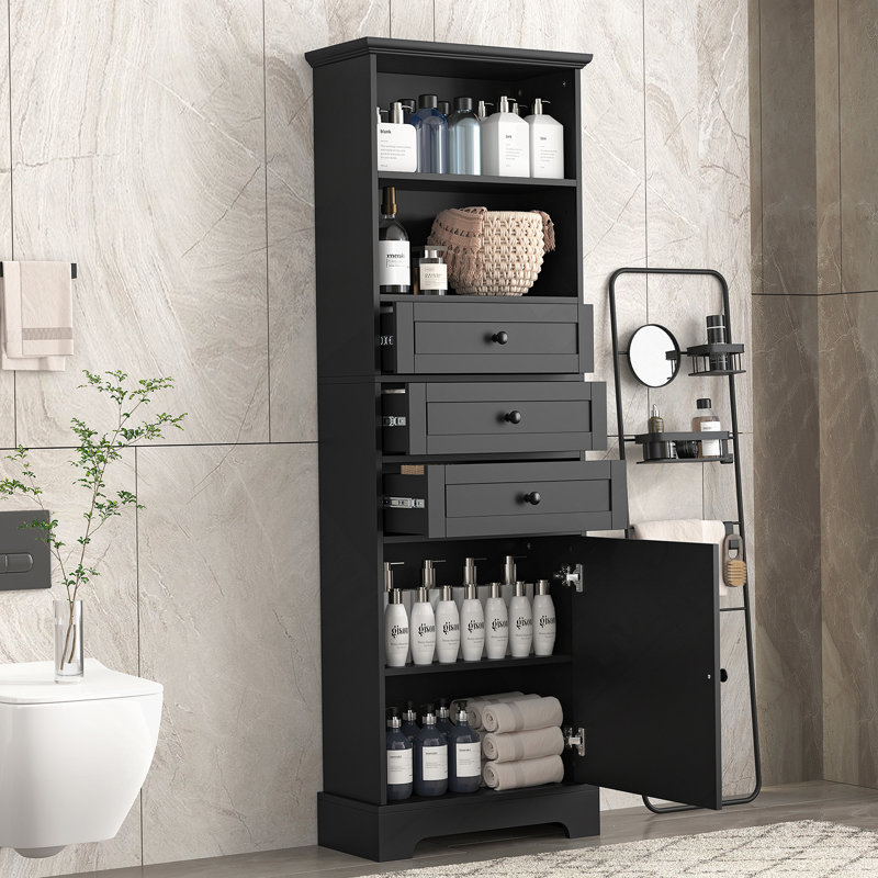 Grande armoire de rangement noire avec 3 tiroirs et tablettes réglables pour la salle de bain, Noir