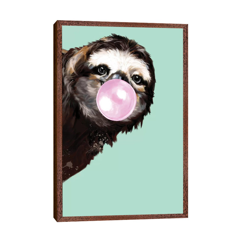 Sneaky Sloth Blowing Bubble Gum In Green by Big Nose Work - Print on Canvas, 101.6 cm H x 66.04 cm W x 3.175 cm D