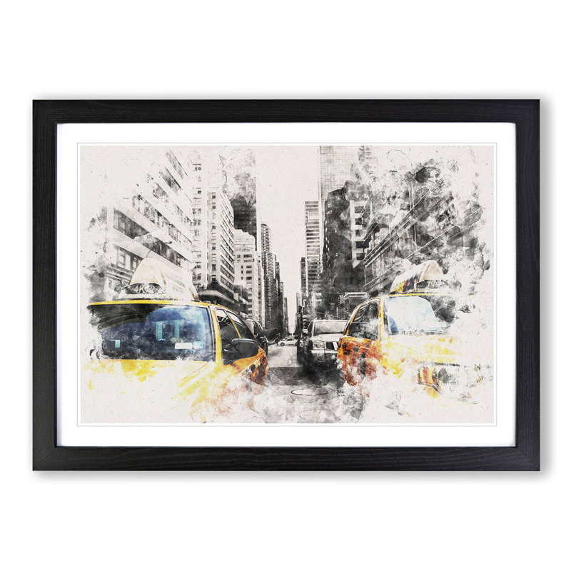 Two Yellow Taxi Cabs In New York Watercolour - Picture Frame Graphic Art, 33cm H x 45cm W x 2cm D, Black