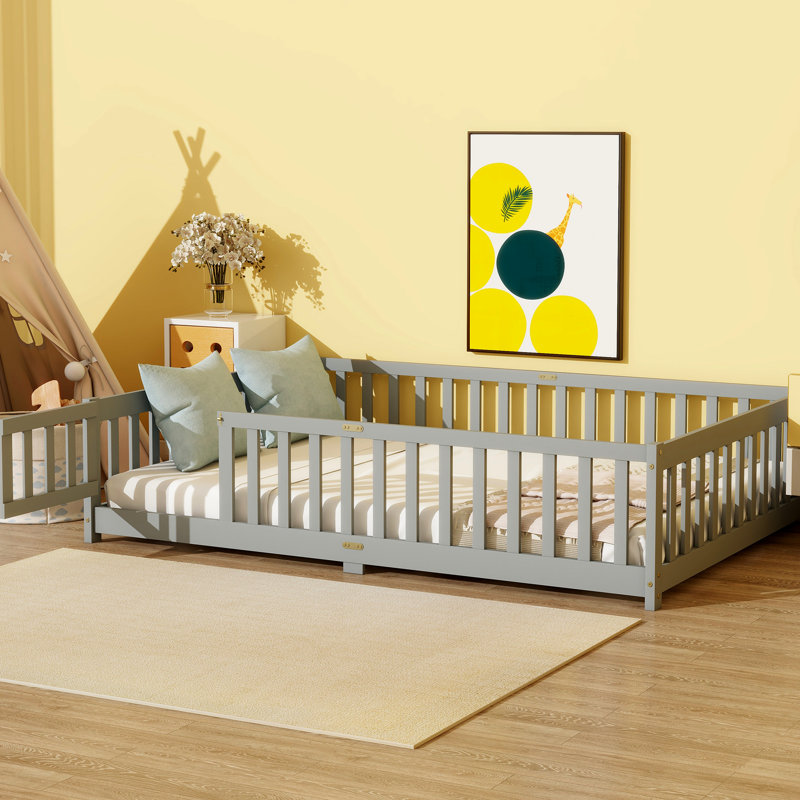 Full Size Floor Bed In Grey, Made Of Rubber Wood, With Fence And Door For Safe Access, Easy Assembly Parents Grey Door, Crafted From Fine Facilitates Move Co - Sleeping