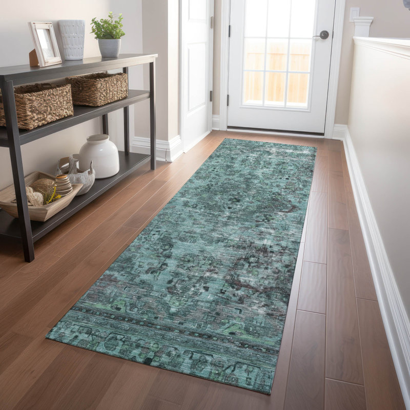Machine Washable Indoor/Outdoor Claudian ACN1646 Teal Rug, Runner 2'3" x 7'6"