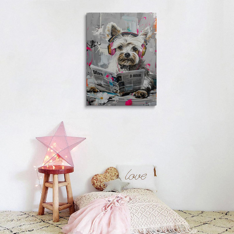 Funny Dog Reading Newspaper Canvas Wall Art, Graffiti Style Bathroom Wall Decor, Cute Pet Artwork For Bathroom, Laundry Room & Dog Groomer Home Decoration