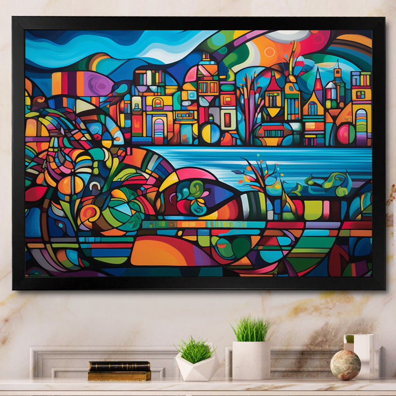 «Blue and Red Cityscape Unveile», reproduction d'art sur toile, Cadre photo noir, H 12 po x l 20 po x P 1 po