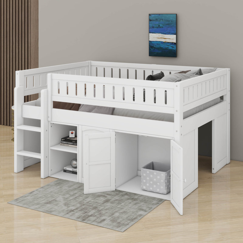 Lit mezzanine double avec armoire de rangement et tableau noir, Blanc