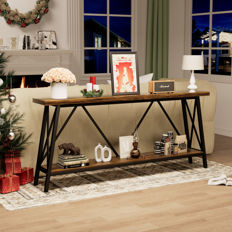 70.9 Inch Extra Long Sofa Table Console Behind Entryway Table Sofa Table With 2 Tier Storage Shelves, Rustic Brown