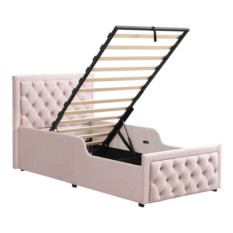 3ft Single Hydraulic Upholstered Bed With Storage, Velvet Buttoned Headboard, No Mattress, 90x190 Cm, Pink