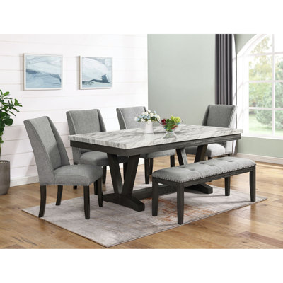 6 - Person Faux Marble Top Trestle Dining Set