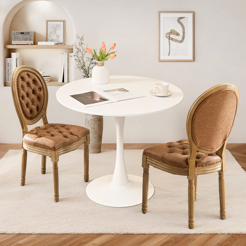 31.5" Tulip Round Dining Table And 2 Round-backed Dining Chairs Set, White, Orange
