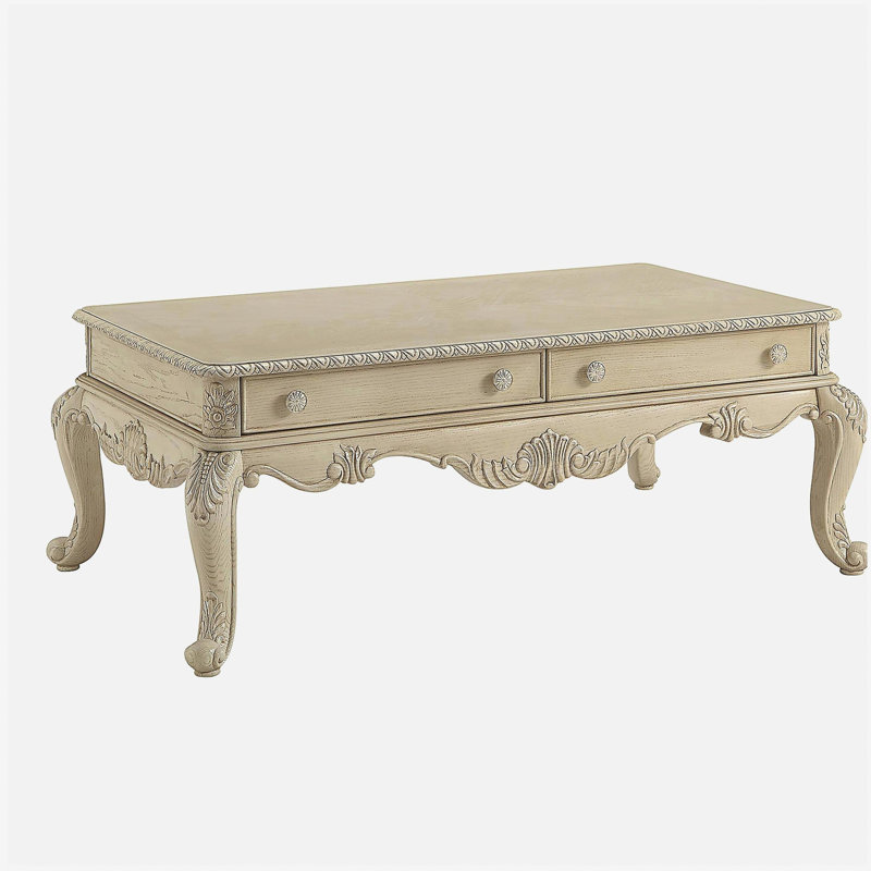 Table basse 2 tiroirs blanc antique avec pieds en cabriole
