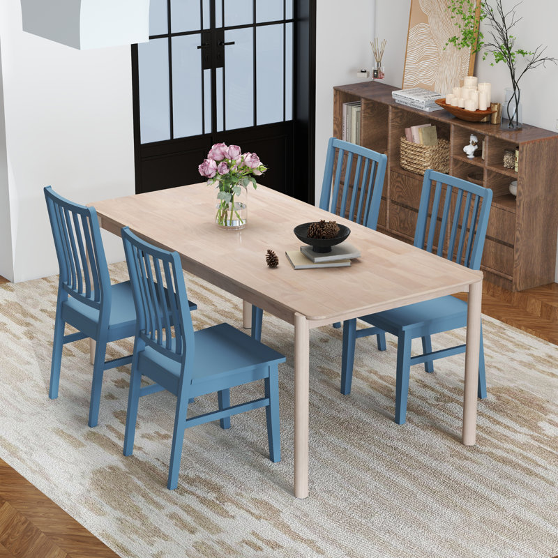 5-Piece Dining Table Sets Modern Wooden Table & Kendig Slat Back Dining Chairs For Home, Kitchen, Dining Room, Blue