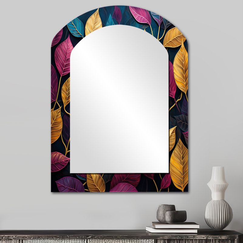 «Colorful Leaves Charm Foliage I», miroir décoratif en forme d'arche, grand miroir mural asymétrique traditionnel