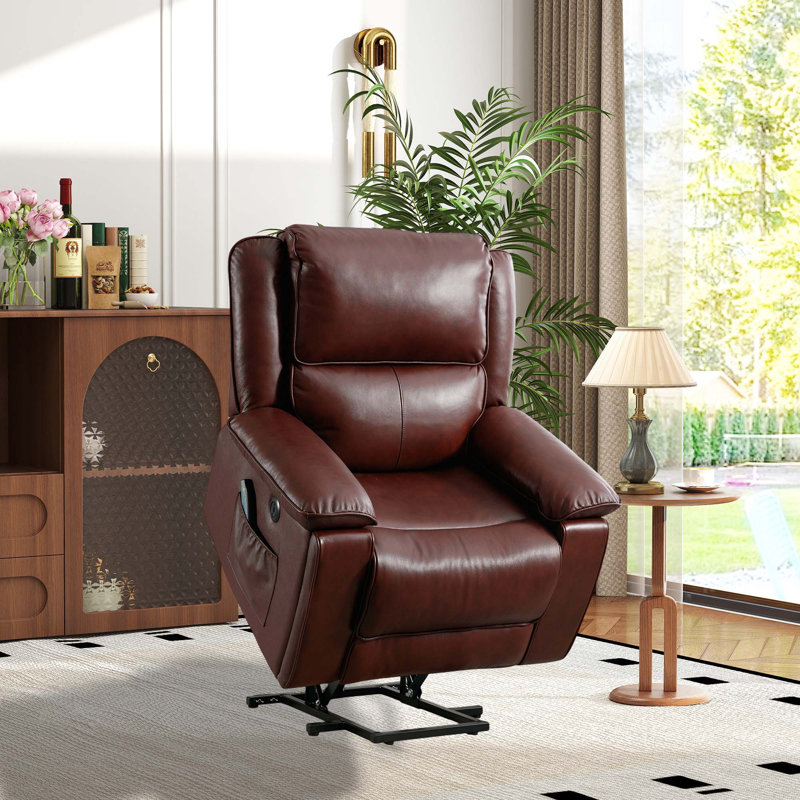 38.2'' Modern Premium Genuine Leather Power Lift Assist Recliner Chair with Heated Massage & Side Pocket & Hidden Cup Holders & USB