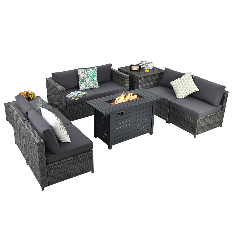 Wicker/Rattan 6 - Person Seating Group with Cushions & 60,000 BTU Fire Pit, Grey