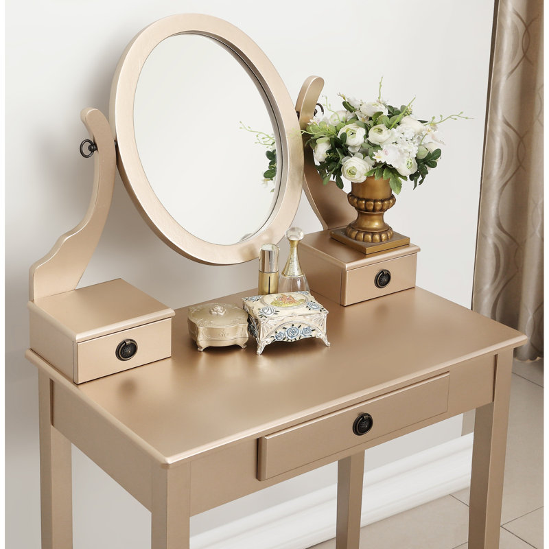 Table de coiffeuse et tabouret rayonnant radiateur doré, 3 tiroirs, miroir ovale réglable, Doré