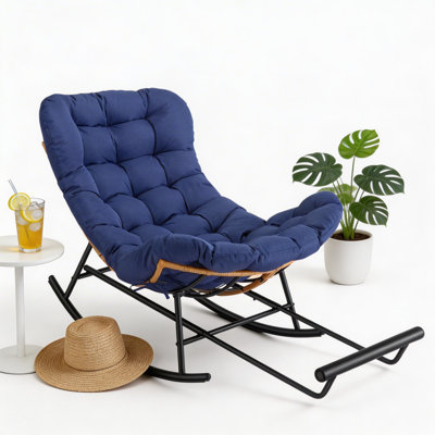 Chaise berçante surdimensionnée Papasan avec repose-pieds détachable, chaise berçante en rotin PE avec coussin amovible épais, chaise longue à structure en métal pour le salon de la véranda.