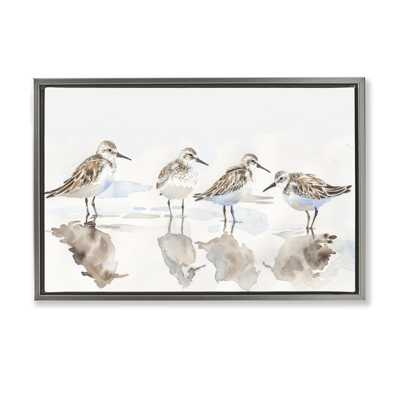  «Sandpipers Shore Reflection Floater» par Petal Prints Design, H 17 po x l 25 po, Cadre flottant gris lustré