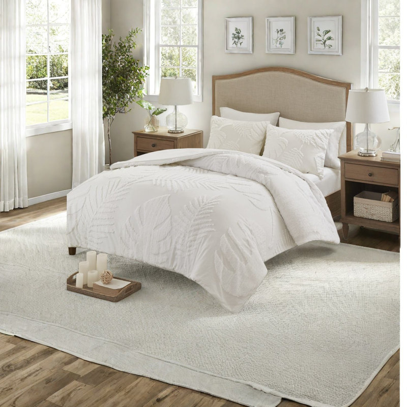 Coastal Cotton Bedding Sets, Tufted Palm Design For Beach Aesthetics