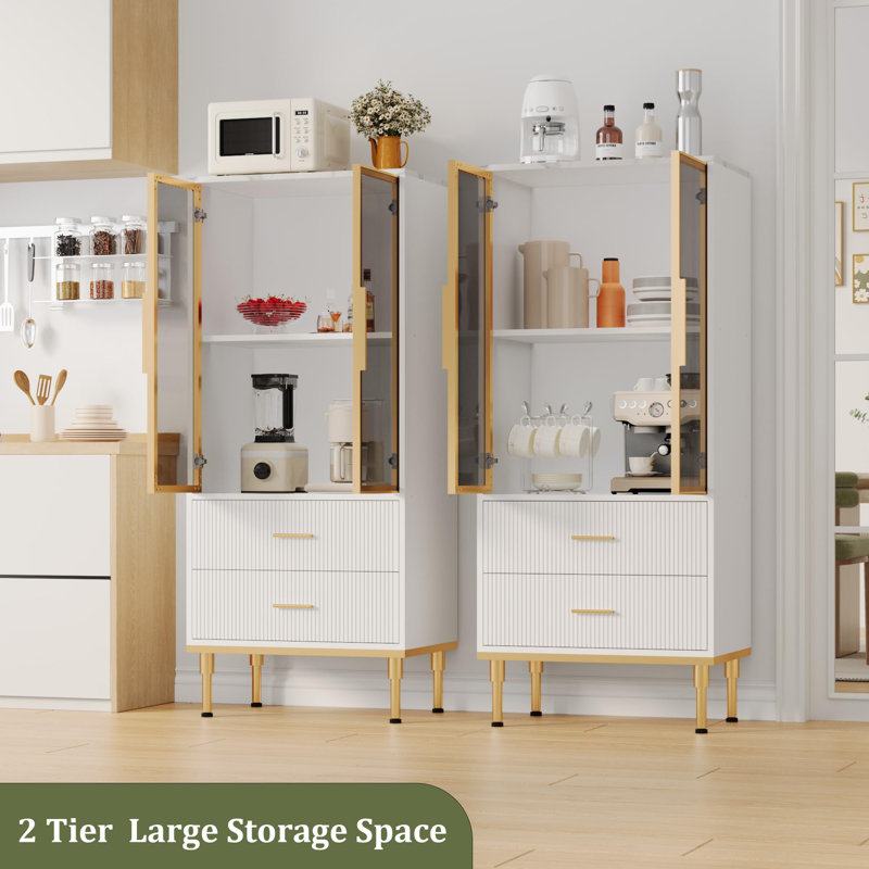 Fluted Storage Cabinet With Glass Door And 2 Drawers, Modern Display Storage Cabinet, White