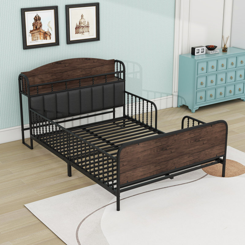 Metal Platform Bed With LED Light Strip, Safety Guardrails And Storage Shelf, Black/Brown, Full