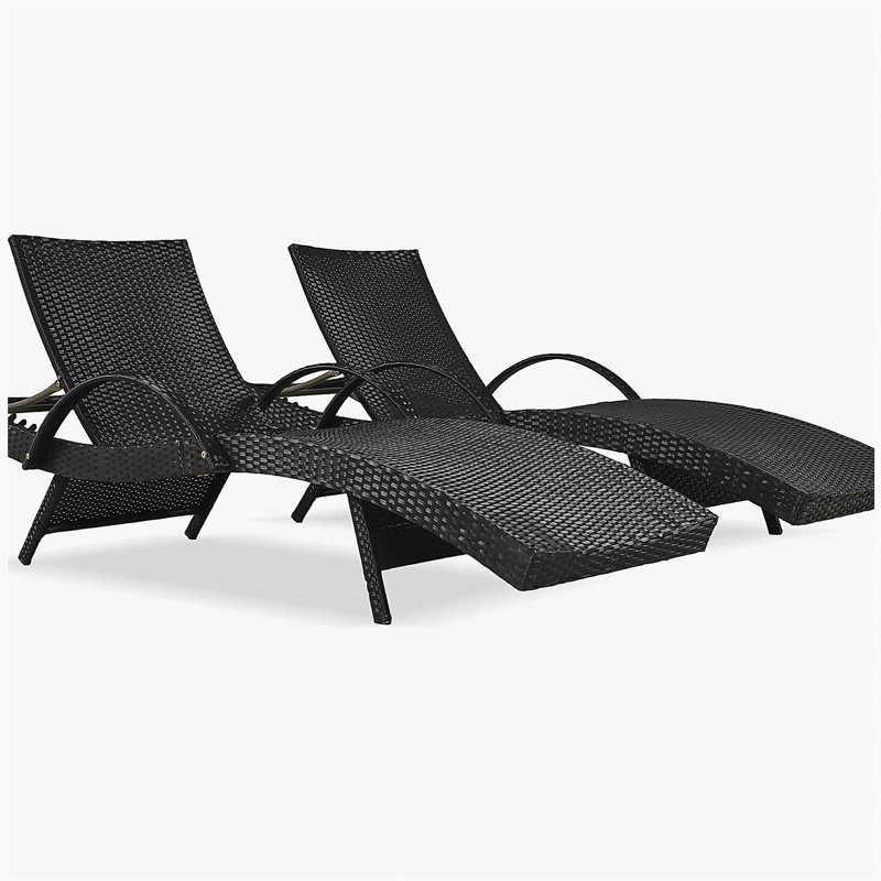 80'' Outdoor Wicker Chaise Lounge Chairs Set of 2, Patio Rattan Reclining Chair Pull-out Side Table Adjustable Backrest Ergonomic Wave Design Pool Sunbathing Recliners, Black