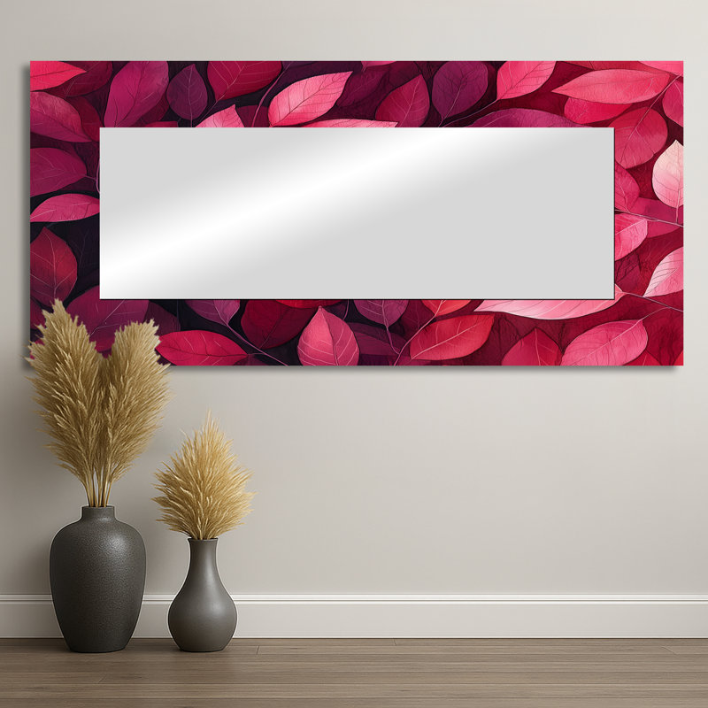 Crimson Leaves Dancing Rose I - Floral Decorative Mirror Wall Art - Printed On Metal, 28" x 60"
