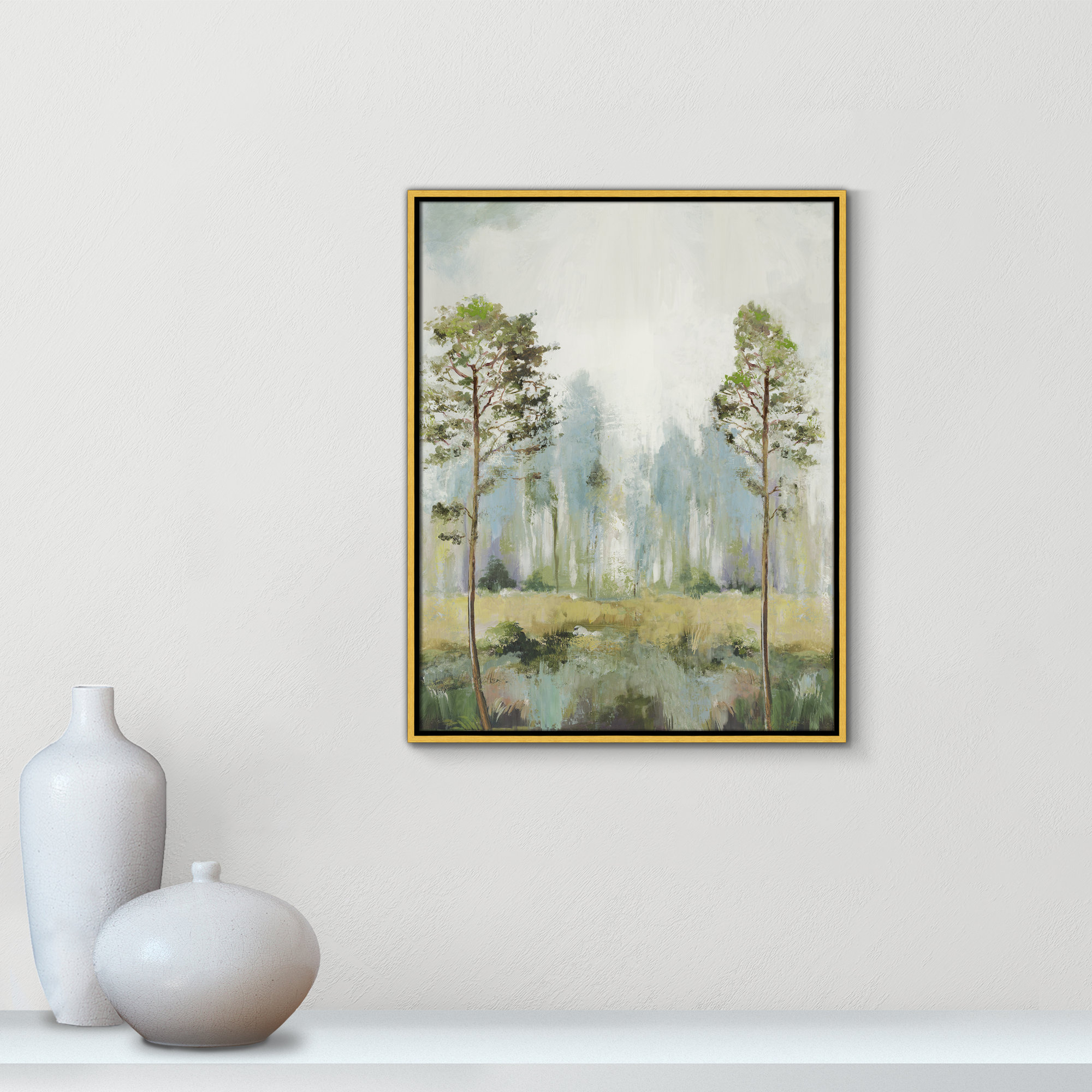 Tall Green Trees II by Teton Pearce - Floater Frame Print on Canvas, 29.5" H x 23.5" W, Gold