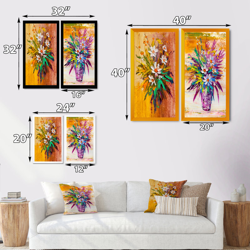 «Modern Bouquet of Daisy Flowers II», ensemble de 2 peintures sur toiles, H 20 po x l 24 po x P 1 po, Cadre photo noir