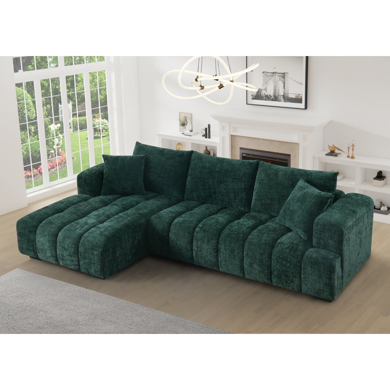 Modern Tufted Sectional Right-chaise Sofa , Chenille vert foncé, Orienté à gauche (vu de face)