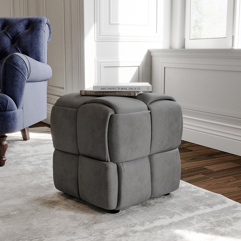 Viktualien 49cm Wide Velvet Tufted Square Cube Ottoman, Gray