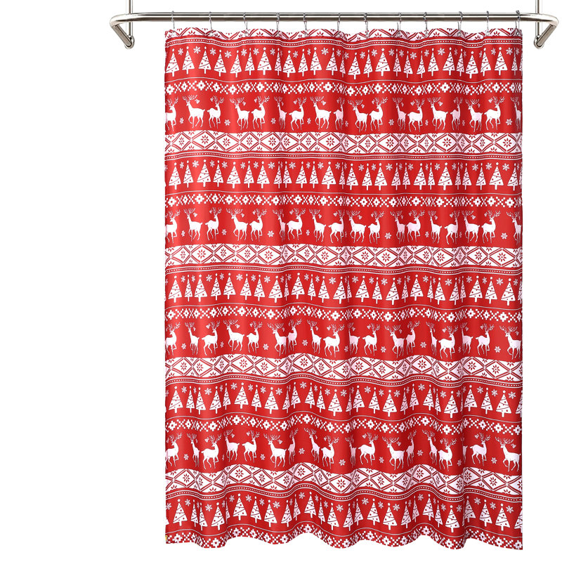 Red Christmas Boho Shower Curtain 90GSM Oxford Polyester | Tree & Snowflake Print, Water-Repellent & Machine Washable Festive Bathroom Decor