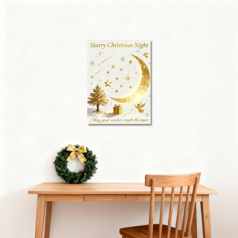 Ensemble de 1 tableau sur toile tendue « Nuit de Noël étoilée, lune dorée et sapin », H 36 po x l 24 po