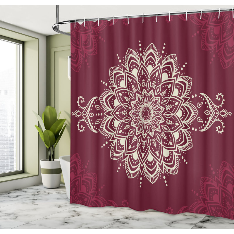 Maroon and White Floral Fabric Shower Curtain with Hooks