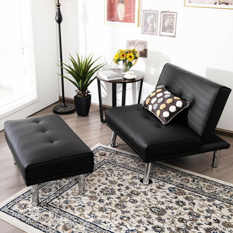 Faux Leather Accent Chair with Ottoman, Black Faux Leather