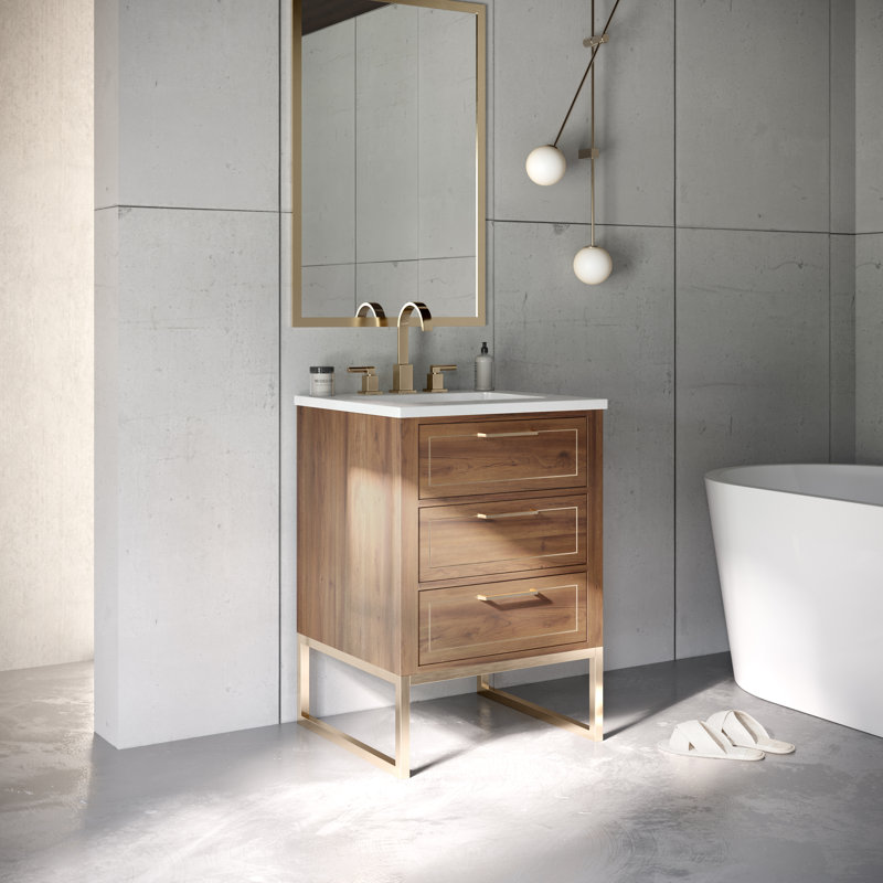 Markham 24'' W Single Vanity, White Quartz, Satin Brass, Walnut