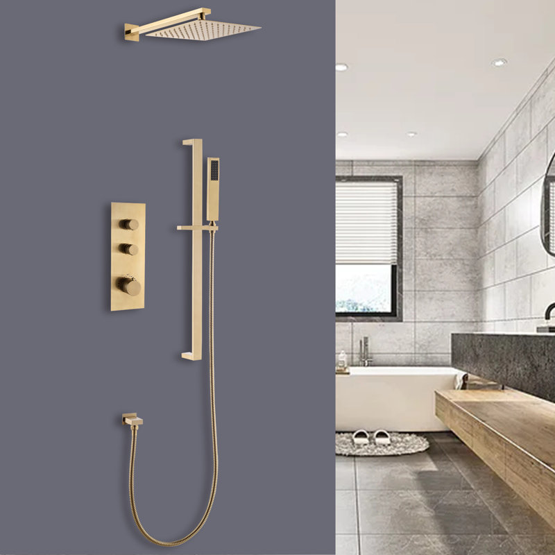 Thermostatic Shower System with Rough-In Valve, Brushed Gold 10-Inch Rainfall Shower Head & Handheld Combo, 3-Handle Complete Shower Faucet Set