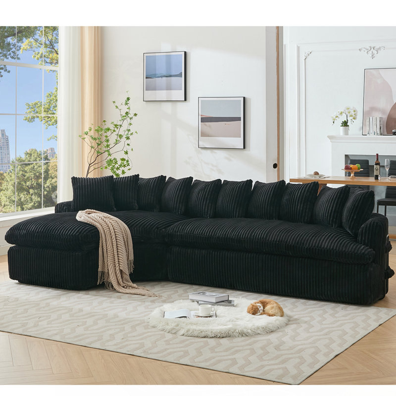 Élégant canapé modulaire incurvé avec mousse de haute qualité et dix coussins, Noir