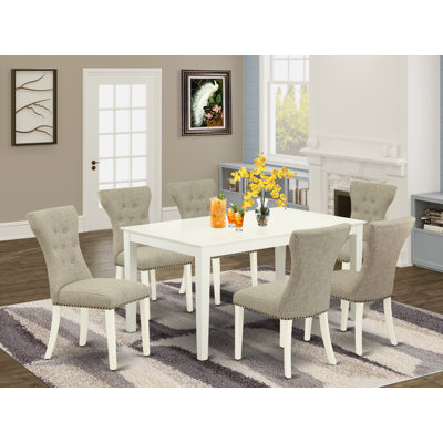 7 Piece Dinette Set Consist of a Rectangle Dining Room Table and 6 Doeskin Linen Fabric Upholstered Parson Chairs, Linen White