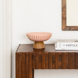 Vase en céramique moderne avec base en bois naturel, bol décoratif rose doux pour la décoration de la table et des tablettes, vase sculptural élégant pour les fleurs, décor décoratif pour le salon