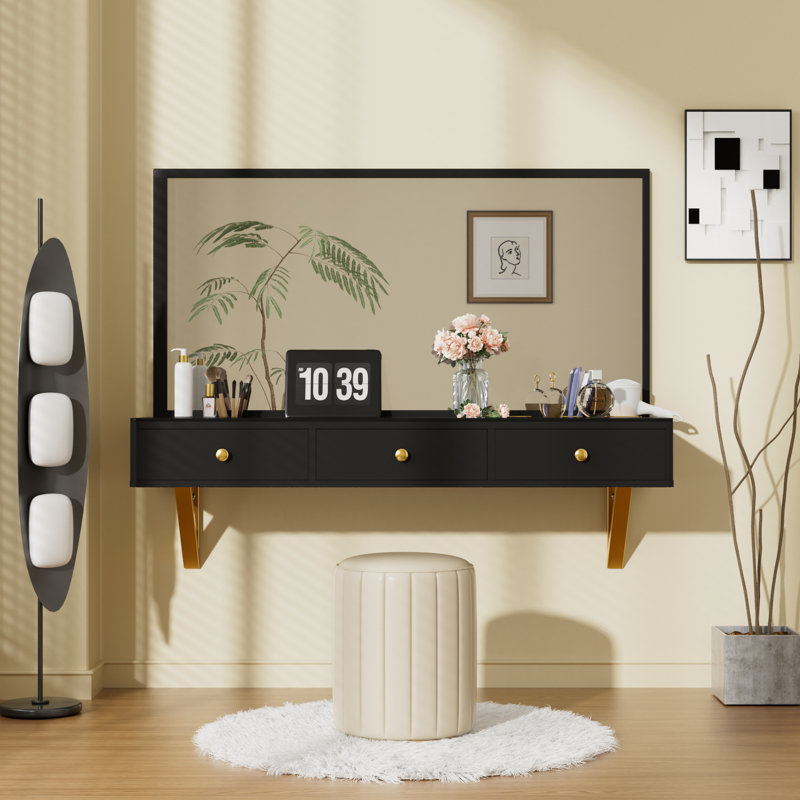 Table de coiffeuse 47 po avec tiroir, noir et doré, bureau multifonctionnel pour la chambre à coucher et la salle de bain, tablette flottante décorative dorée exquise, rehaussez l'esthétique de votre maison