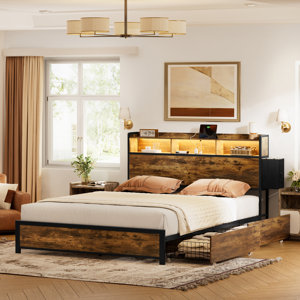 Antioch Bed Frame with 2 Bedside Drawers & 2 Underbed Drawers, Modern Bed with Outlet & LED Light