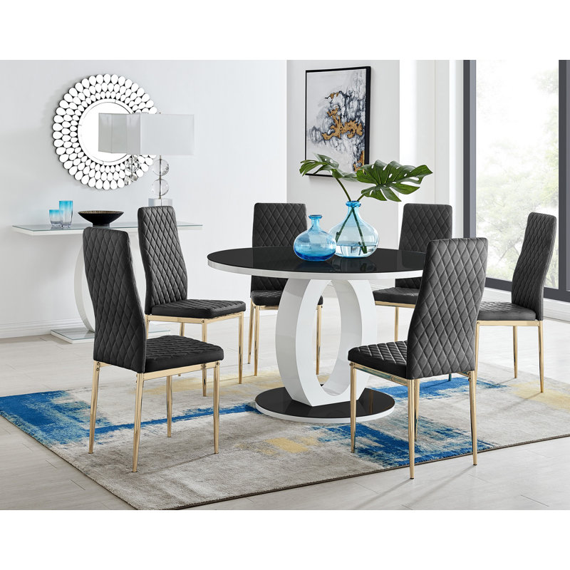 Scottsmoor Modern Halo 6 Seat Round Dining Table Set - Luxury Velvet Dining Chairs, Black, Black, Black/Gold